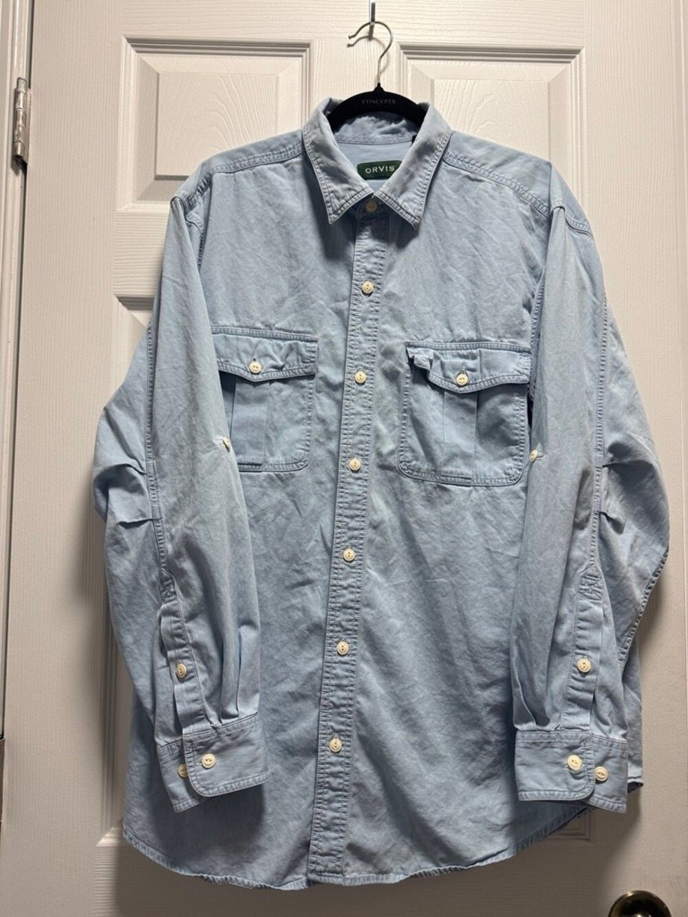 Orvis Men’s L Blue Cotton Field Shirt Roll Tab Two Pocket Outdoor Workwear